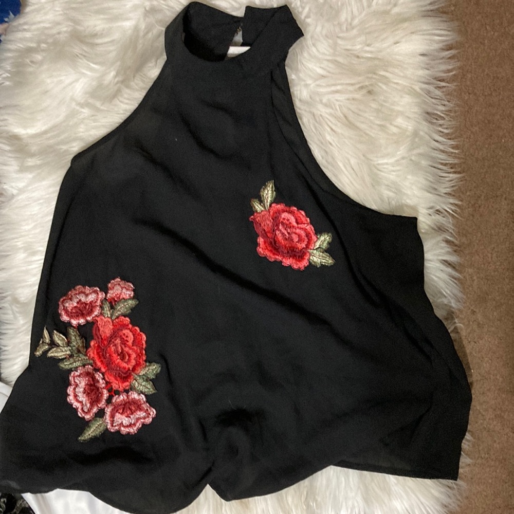 Embroidery rose black top
